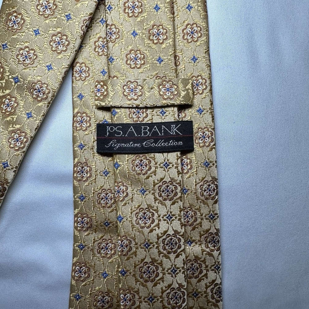 Jos. A. Bank Mens Gold & Blue 100% Silk Geometric Pattern Tie - Picture 5 of 7